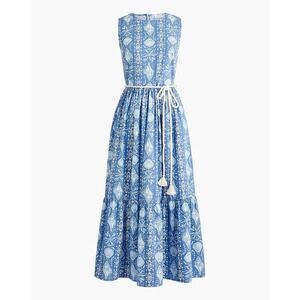 J.Crew Blue Seashell Tiered Rope Belt Sleeveless Midi Dress Size 4 Boho Beach
